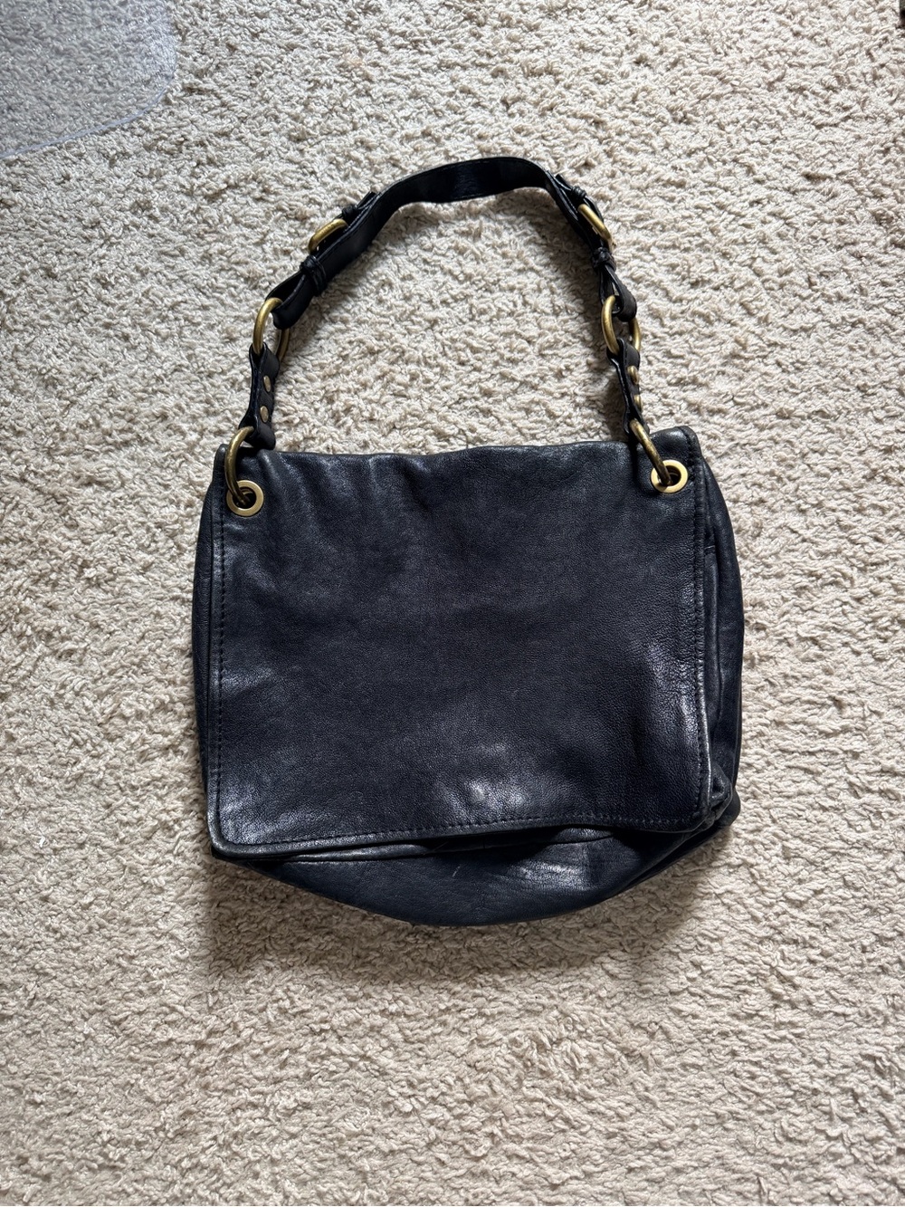 Fossil Black Leather Shoulder Bag with Brass Ring Detail